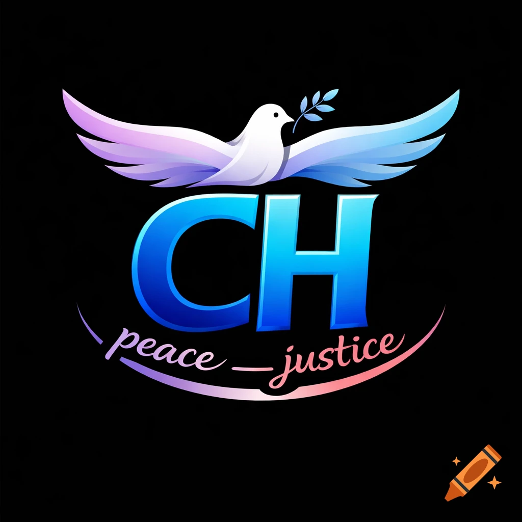 A stylized logo features a white peace dove with colorful wings flying above the bold blue letters "CH". Below, the words "peace - justice" are written in a curved, flowing script in purple and pink hues, all set against a solid black background.