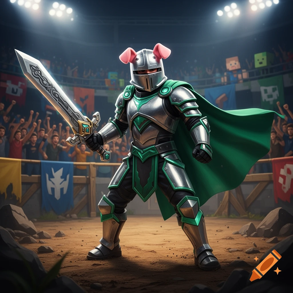 A pig-eared knight in green and silver armor holds a sword in a gladiatorial arena with a cheering crowd and pixelated blocks in the background.