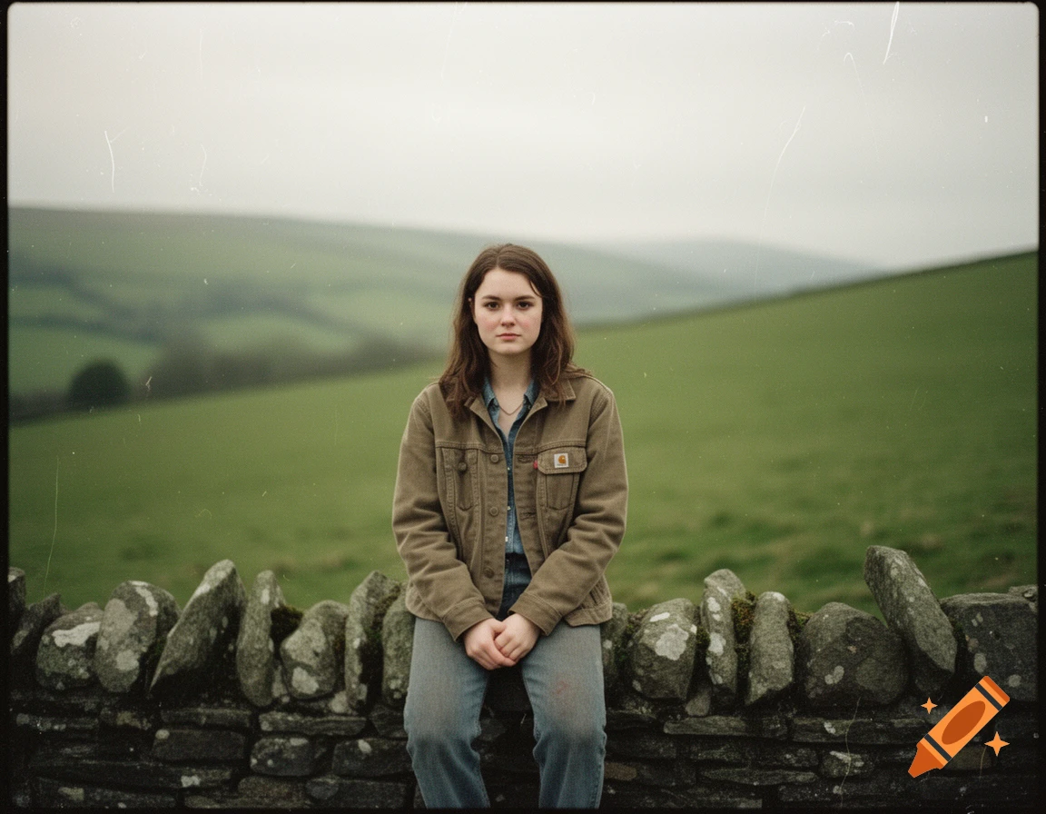 A young brunette woman in a brown jacket and jeans sits on a stone wall in the British countryside, looking at the camera. Hills are in the background, with a film grain and desaturated aesthetic.