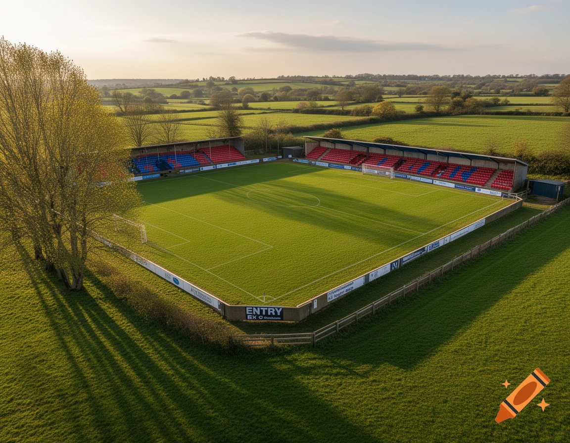 Aerial view of a small football stadium with red and blue seating, surrounded by green fields under a clear sky at sunset.