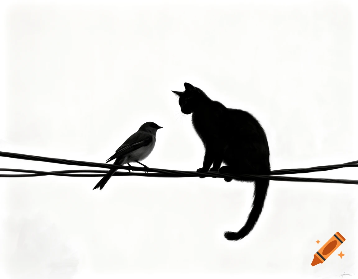 Silhouette of a bird and a cat facing each other on power lines against a white background.