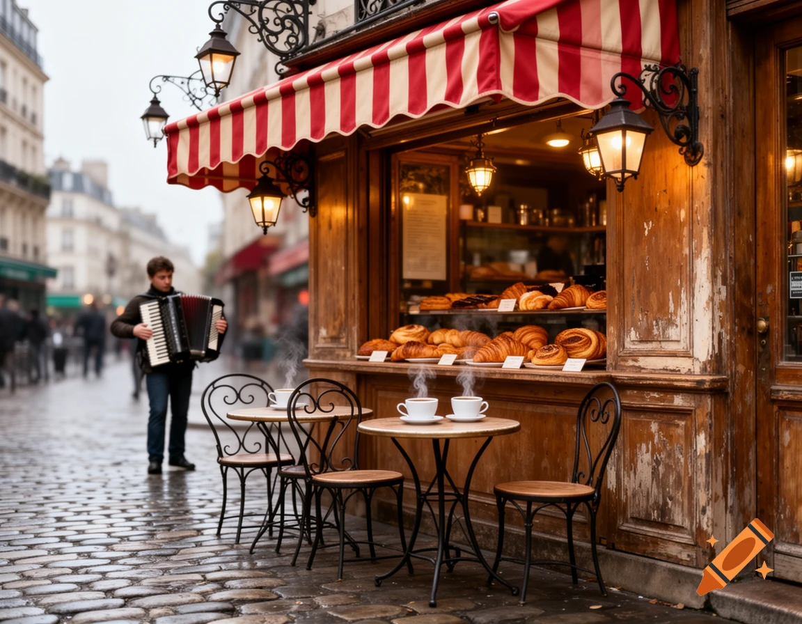 A man plays an accordion on a wet cobblestone street outside a charming Parisian cafe with a red and white striped awning and pastries in the window.