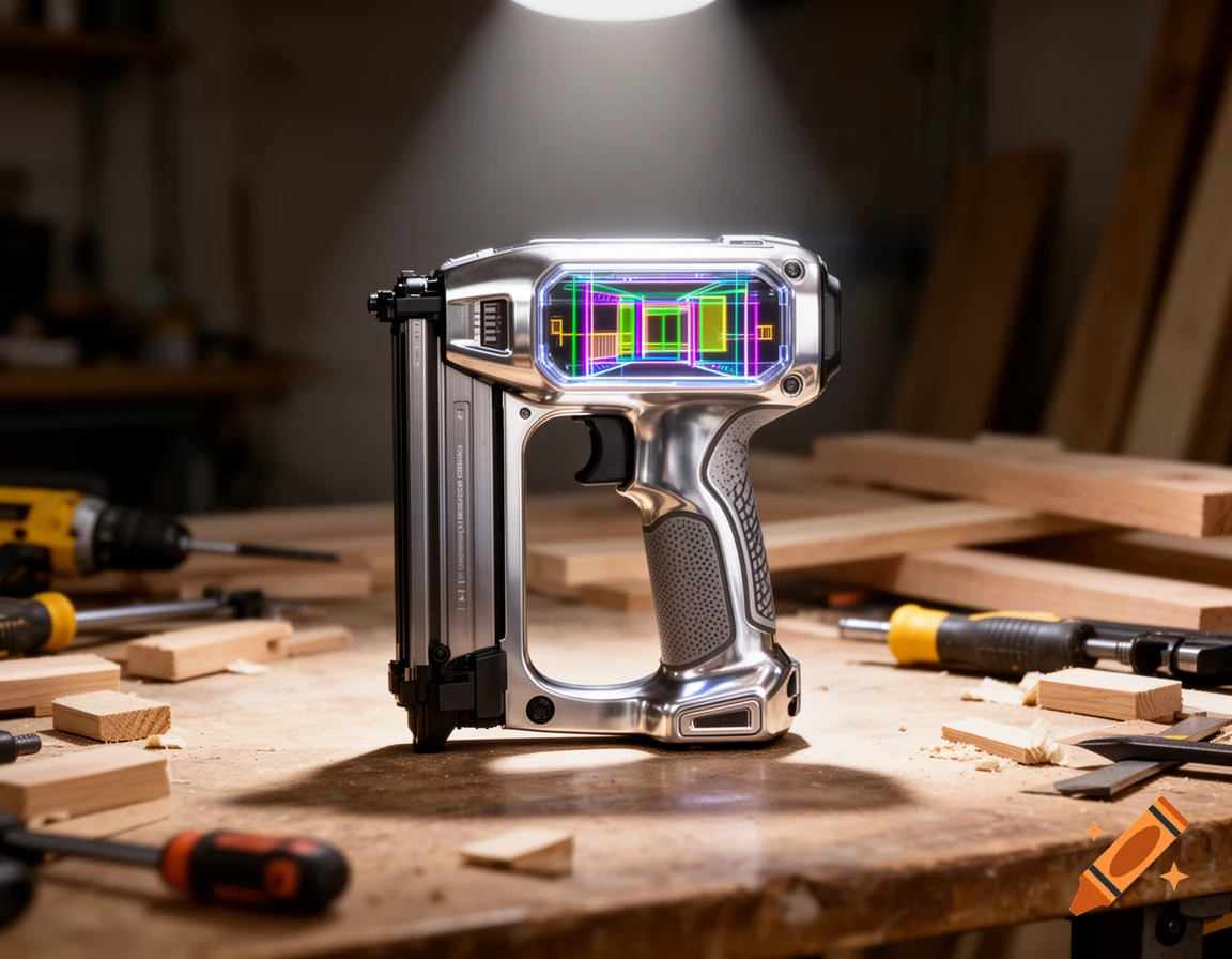 A futuristic silver nail gun with a vibrant holographic display rests on a wooden workbench amidst wood scraps and tools.
