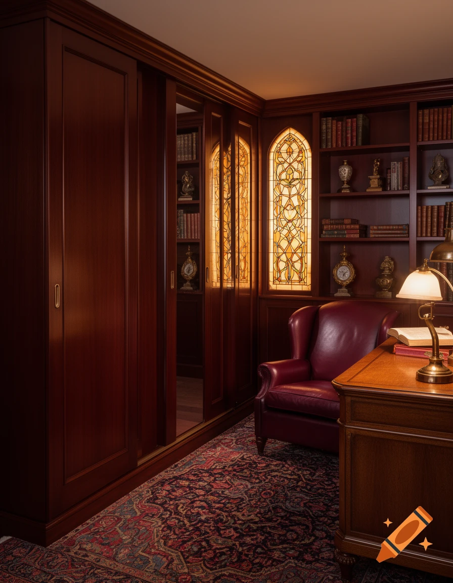 A lavish, dimly lit study with dark wood walls, bookshelves, a red leather armchair, a desk, and illuminated stained-glass windows.