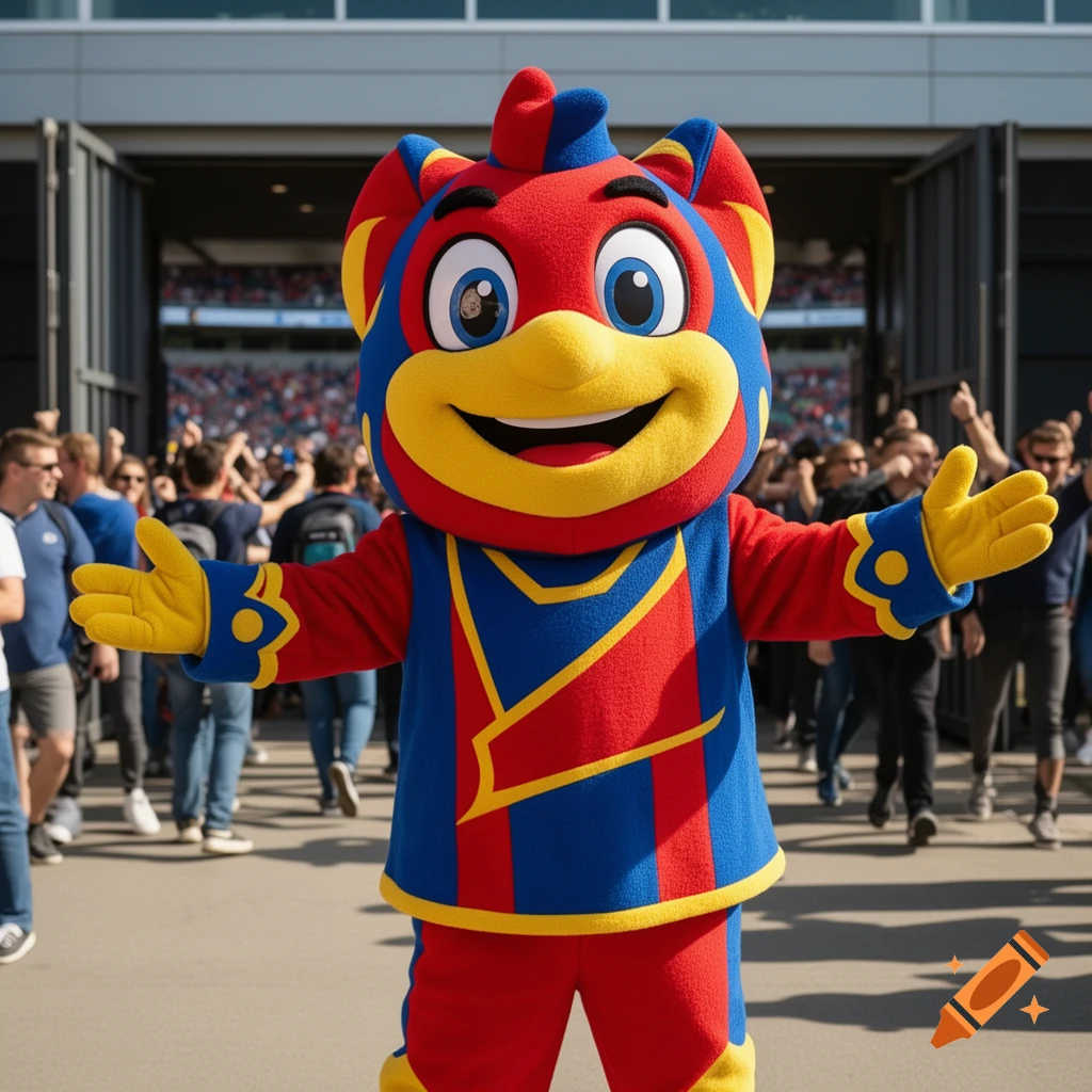 A colorful red, blue, and yellow bird-like mascot stands with outstretched arms, smiling in front of a stadium entrance with a blurred crowd.