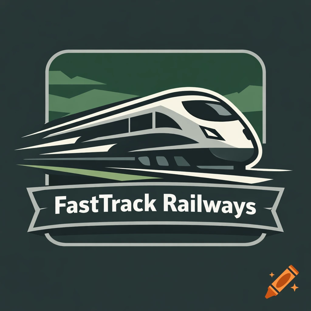 A stylized logo for 'FastTrack Railways' featuring a white and dark grey high-speed train on a green mountainous background.
