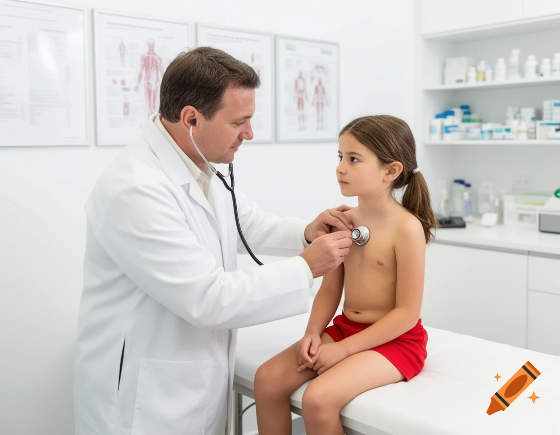A male doctor in a white coat uses a stethoscope to examine a shirtless young girl wearing red shorts in a clinic.