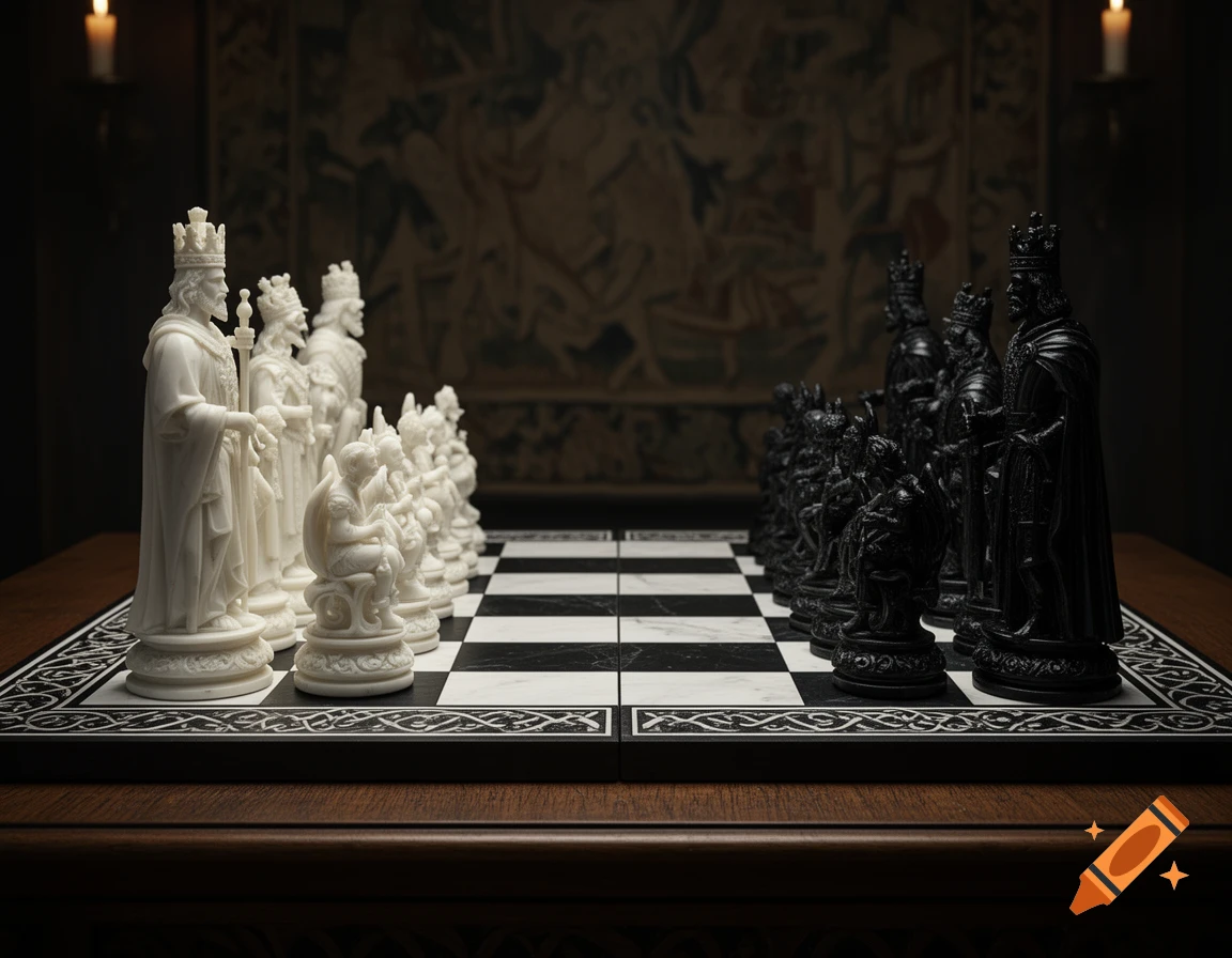 A detailed shot of a chessboard with elaborate white and black chess pieces set up, bathed in dramatic light in a dark, richly decorated room.