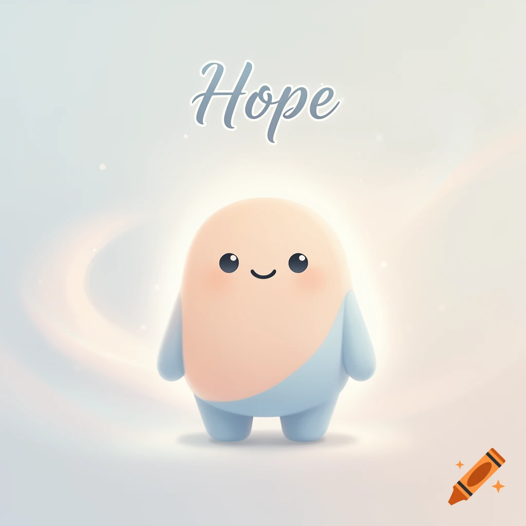 A cute, round, light peach and blue blob-like mascot character with a friendly smile, under the word 'Hope' in script.
