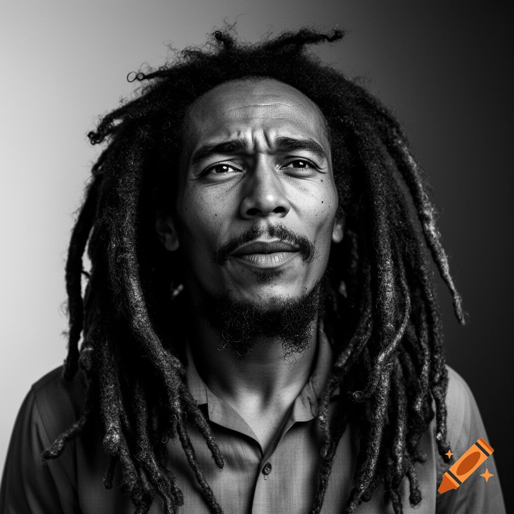 Black and white close-up portrait of Bob Marley with dreadlocks, looking up with a pensive expression.