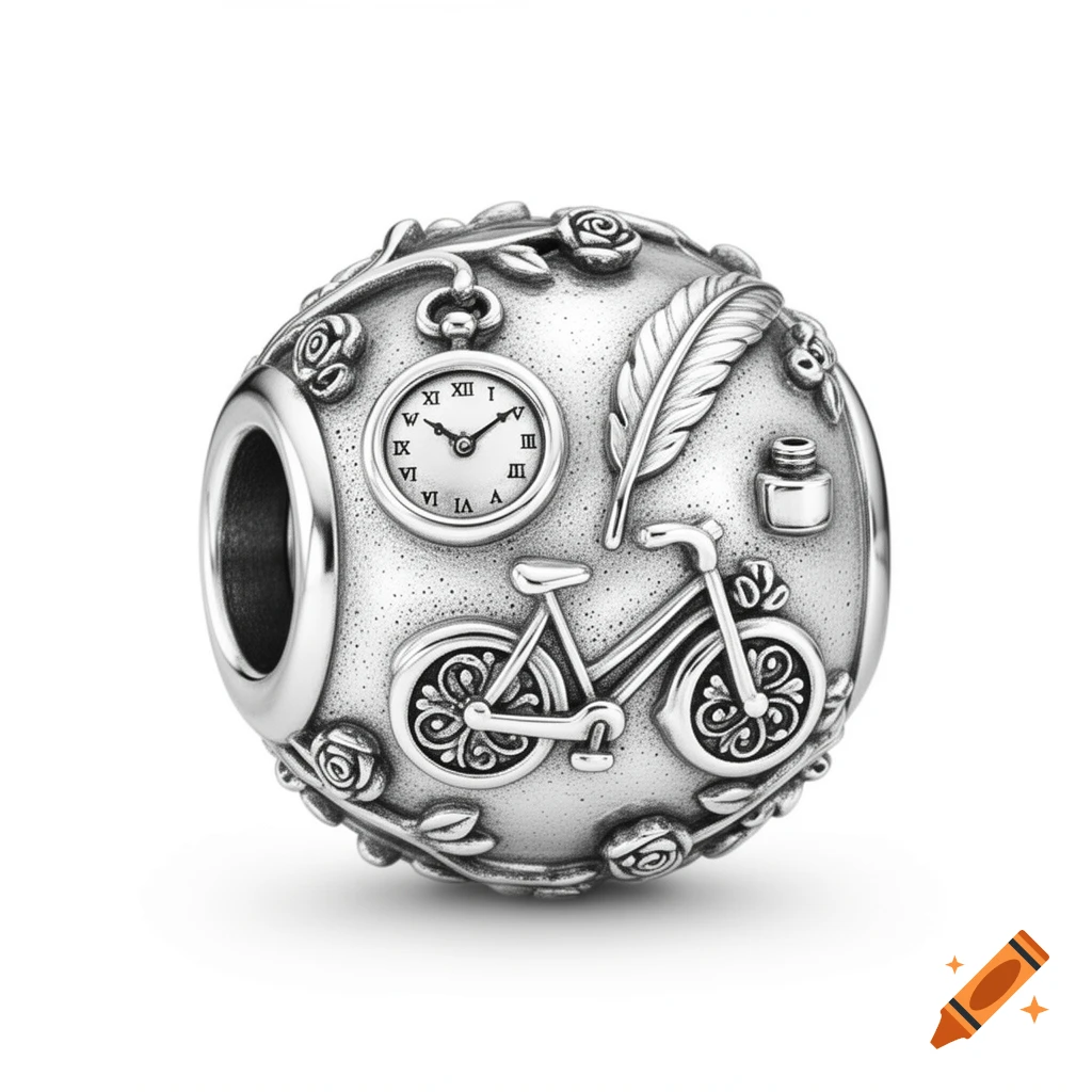A detailed sterling silver charm bead featuring a pocket watch with Roman numerals, a feather, an ink bottle, and a bicycle, all surrounded by roses.