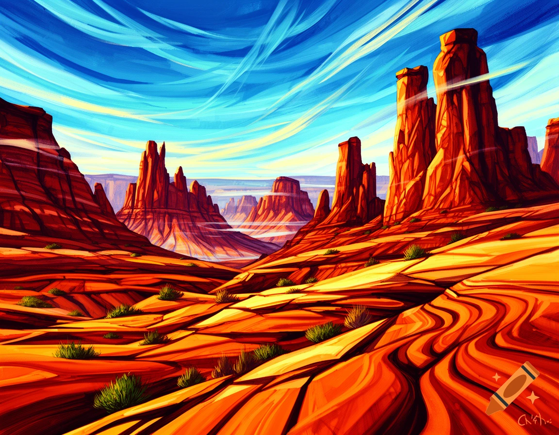 A vibrant modern art painting depicts a desert landscape with towering red rock formations under a dynamic blue sky.