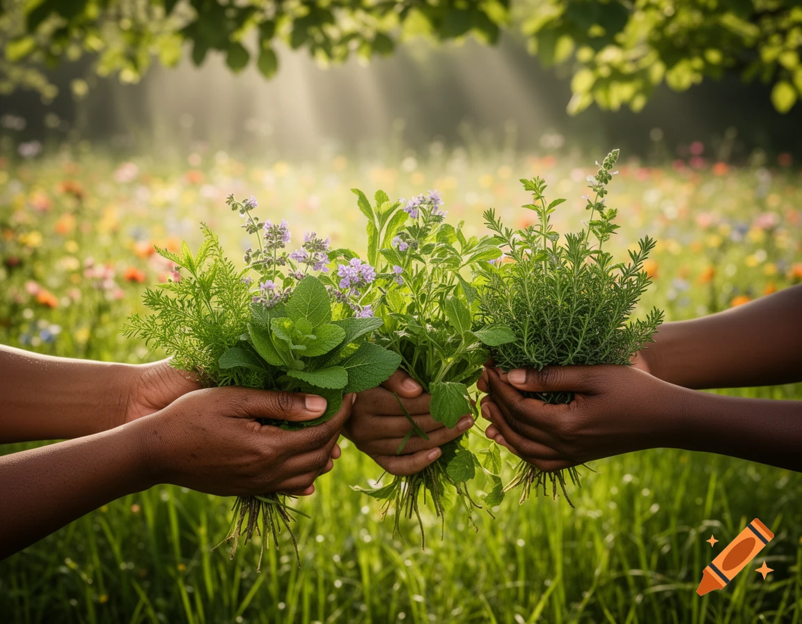 Multiple hands hold bundles of green medicinal herbs and plants in a sunny, blurry wildflower field.