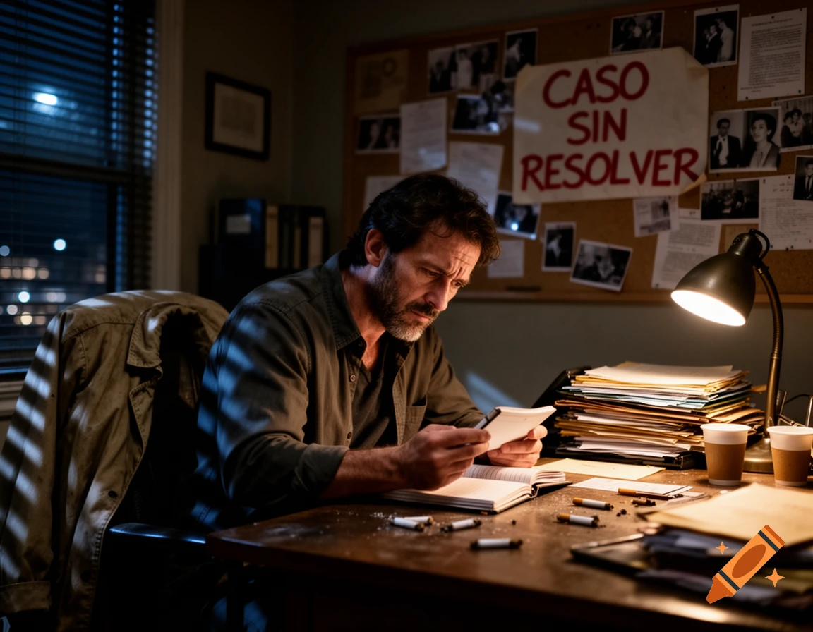 A stressed detective reads notes at a cluttered desk in a dimly lit office at night, an 'Unsolved Case' board behind him.