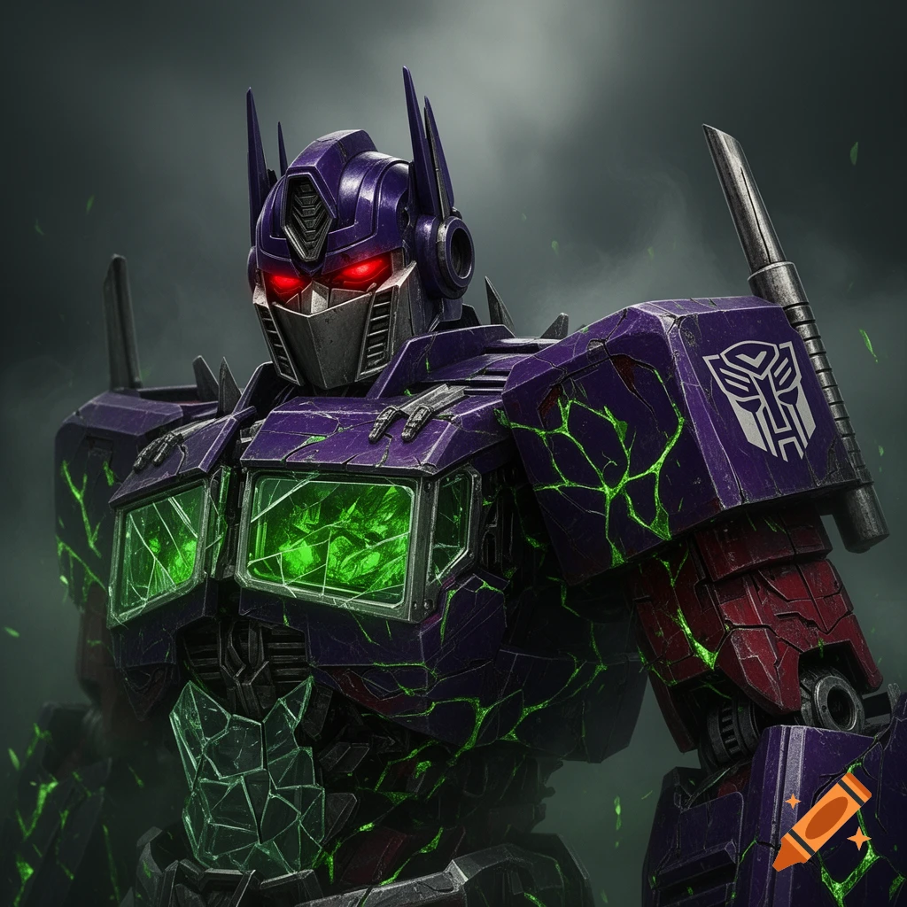 A menacing, purple 'Shattered Glass' Optimus Prime robot with glowing red eyes and green energy cracks on its armor.