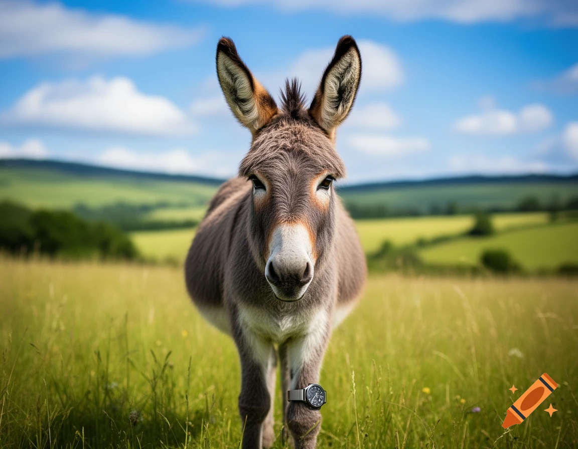 Photorealistic image of a donkey wearing a watch on its front leg, standing in a green field under a blue sky.