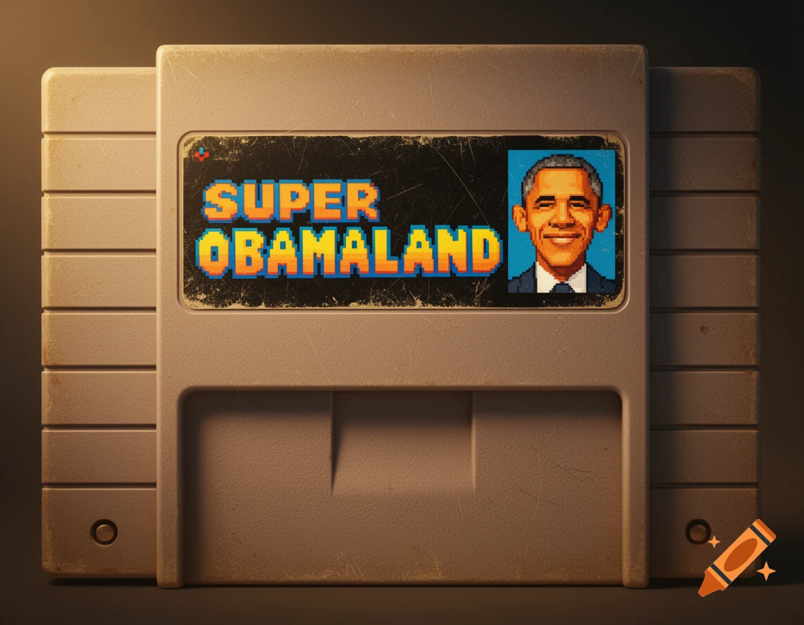 A Super Nintendo cartridge with a faded label reading 'SUPER OBAMALAND' and a pixelated portrait of Barack Obama.
