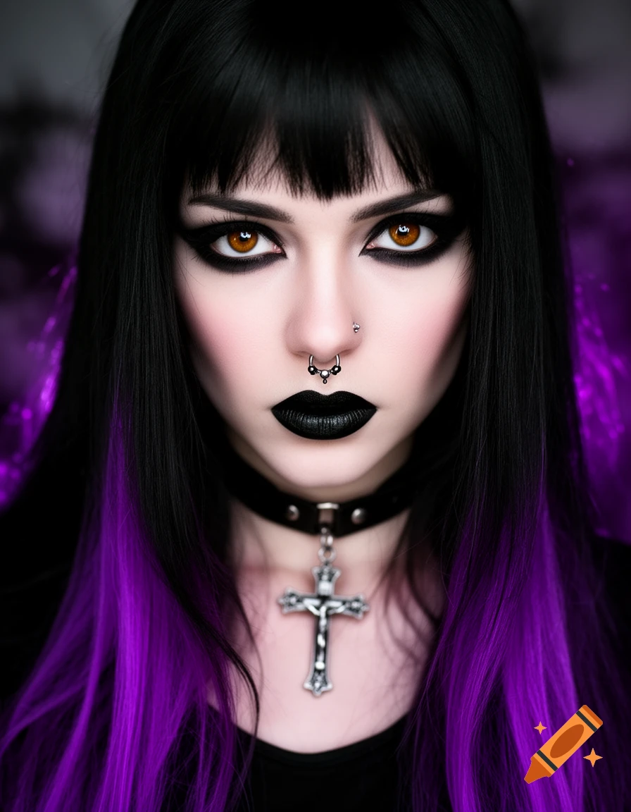 Close-up photorealistic portrait of a goth girl with black hair and purple highlights, brown eyes, black lipstick, septum piercing, and crucifix choker.