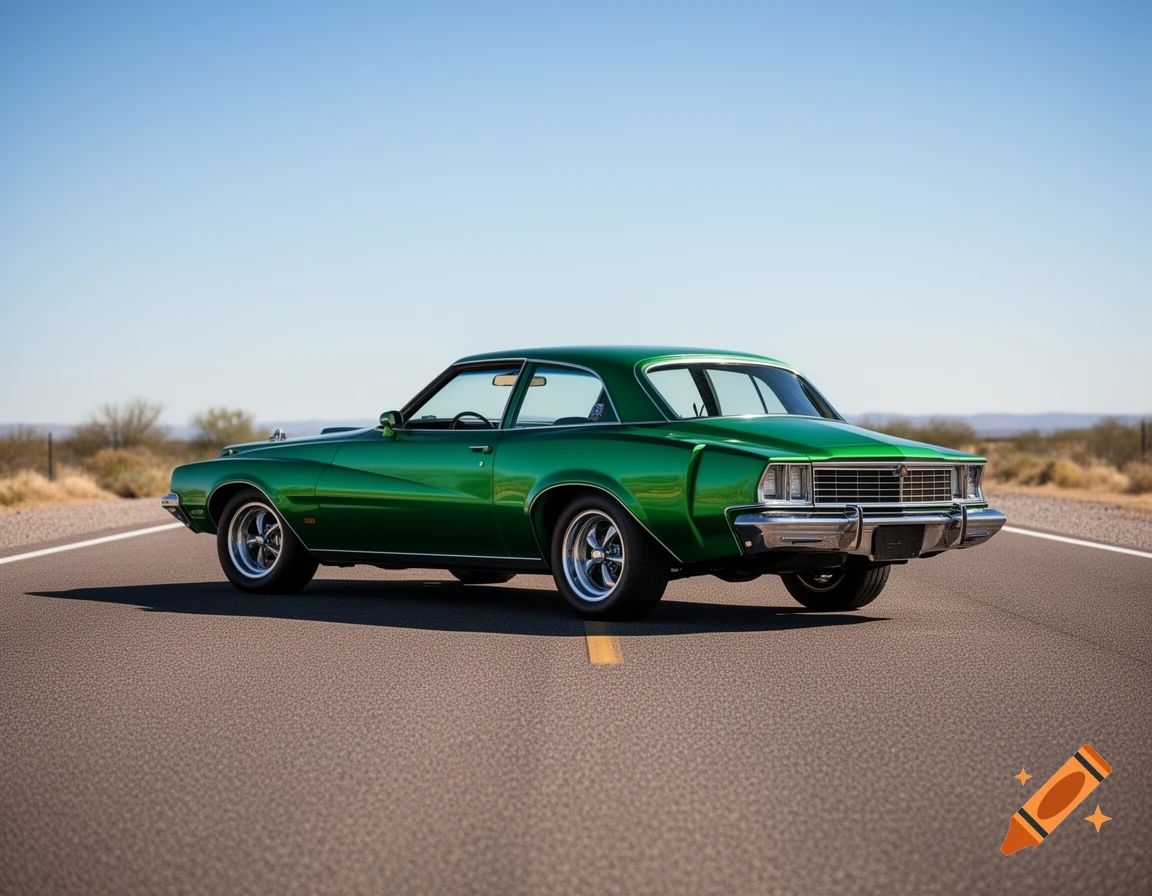 A shiny green vintage car parked on a desert road under a clear blue sky, viewed from a three-quarter angle.