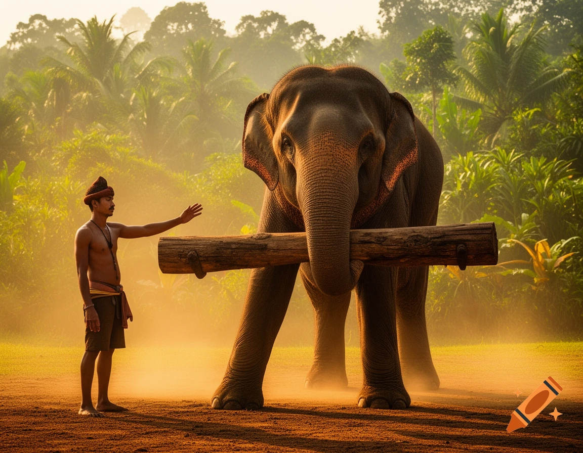 A mahout guides a large elephant carrying a log through a dusty, sunlit tropical jungle.