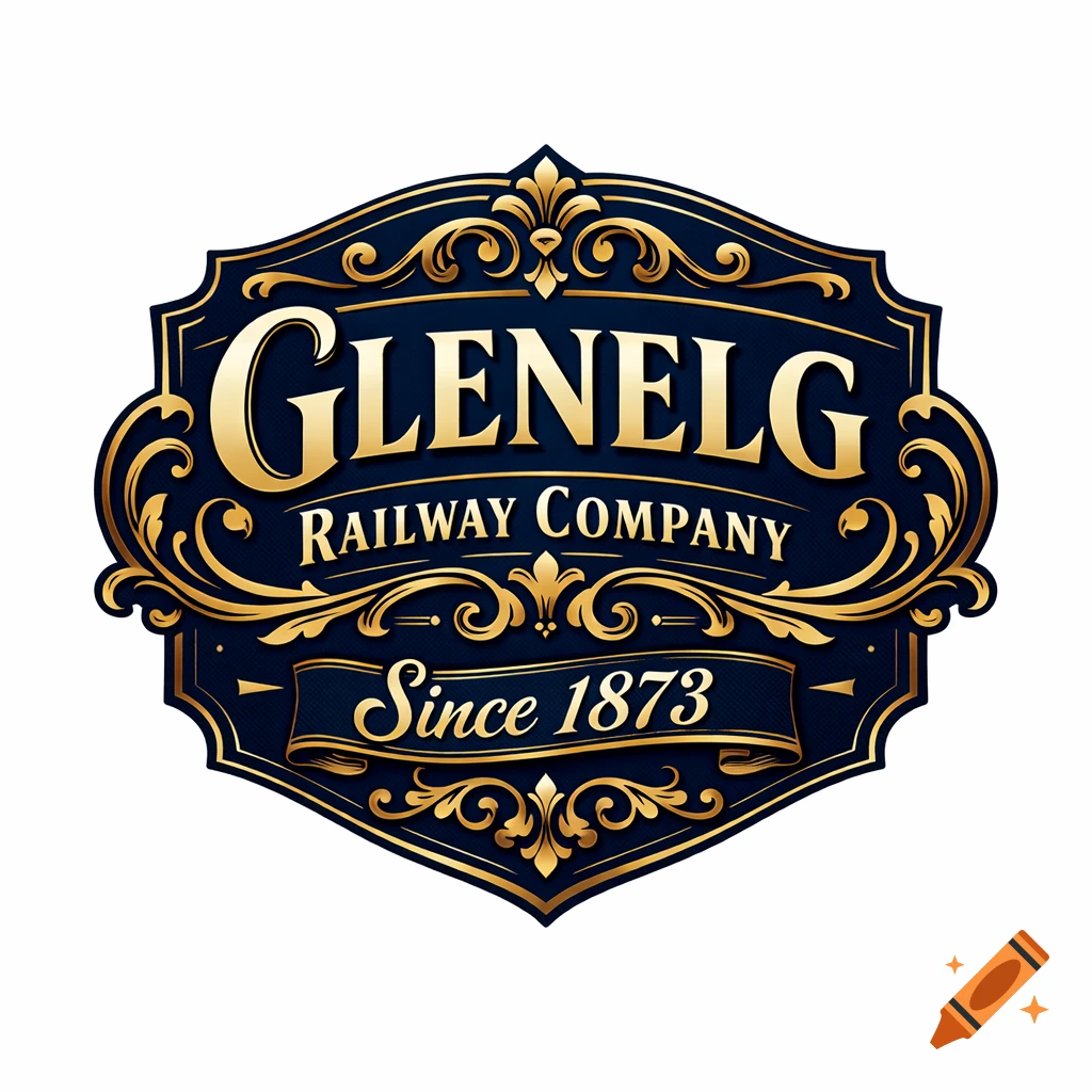 Vintage-style railway logo with gold ornate details on a dark blue shield, featuring 'GLENELG RAILWAY COMPANY Since 1873'.