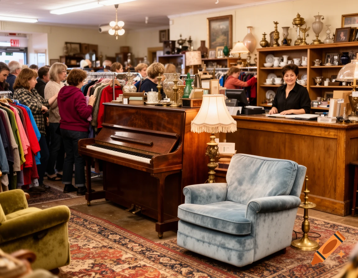 A bustling thrift store interior with shoppers browsing clothes, a sales clerk behind a counter, a piano, and various antiques.
