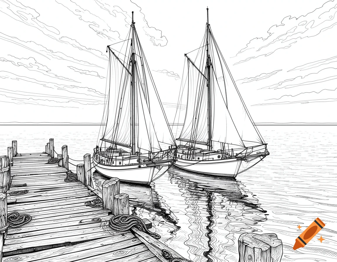 Two sailboats moored at a wooden pier on calm water under a cloudy sky, depicted in black and white line art coloring page style.