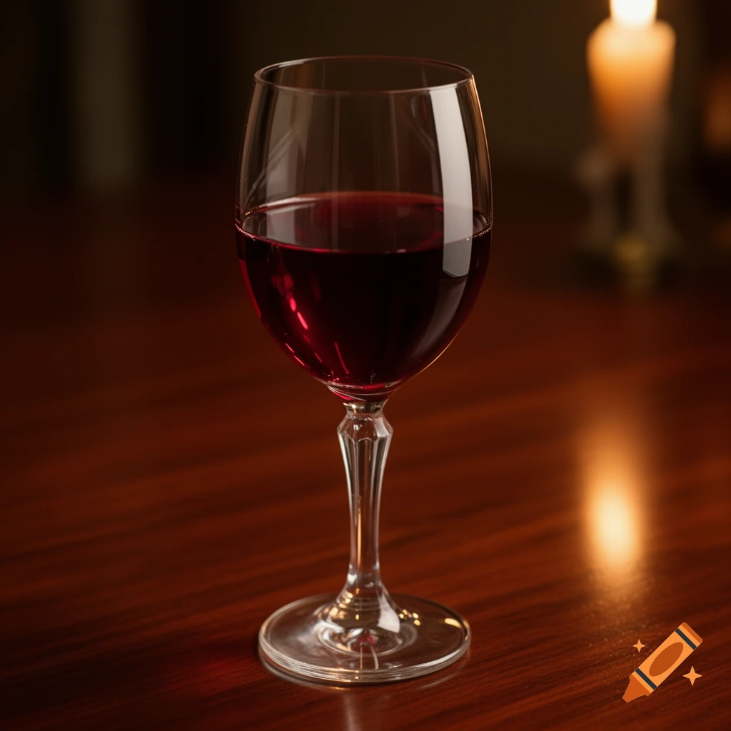 A photorealistic close-up of a wine glass filled with red wine on a dark wooden table, with a blurred candle in the background.