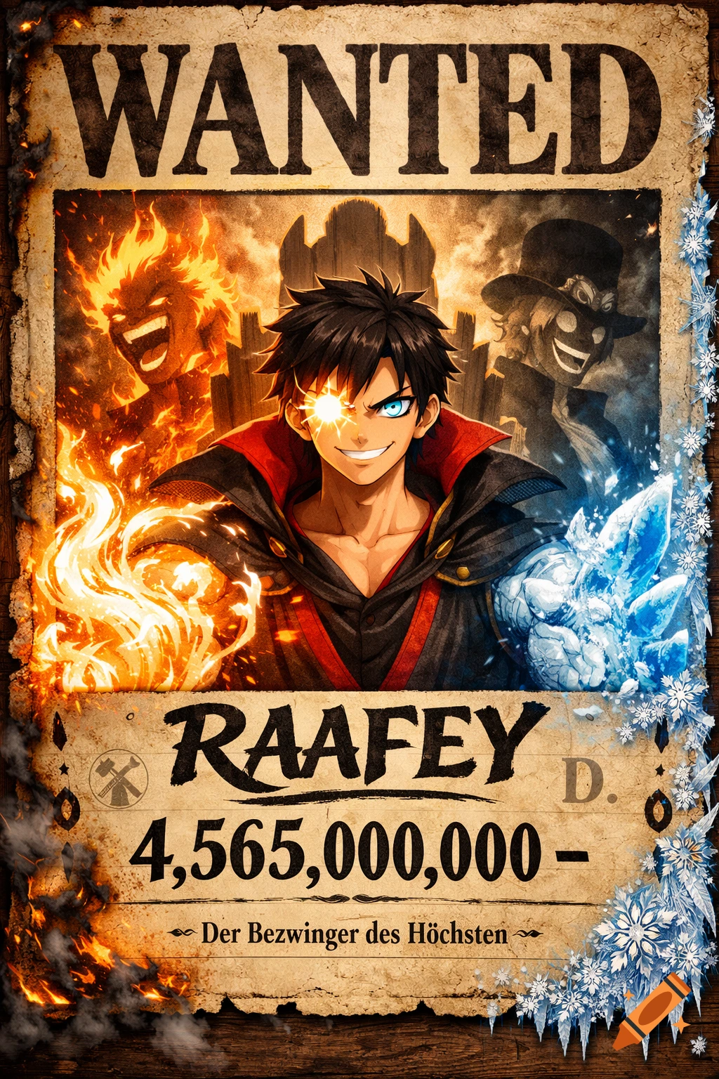 Anime wanted poster for Raafey with fire and ice powers, glowing eyes, and background silhouettes.