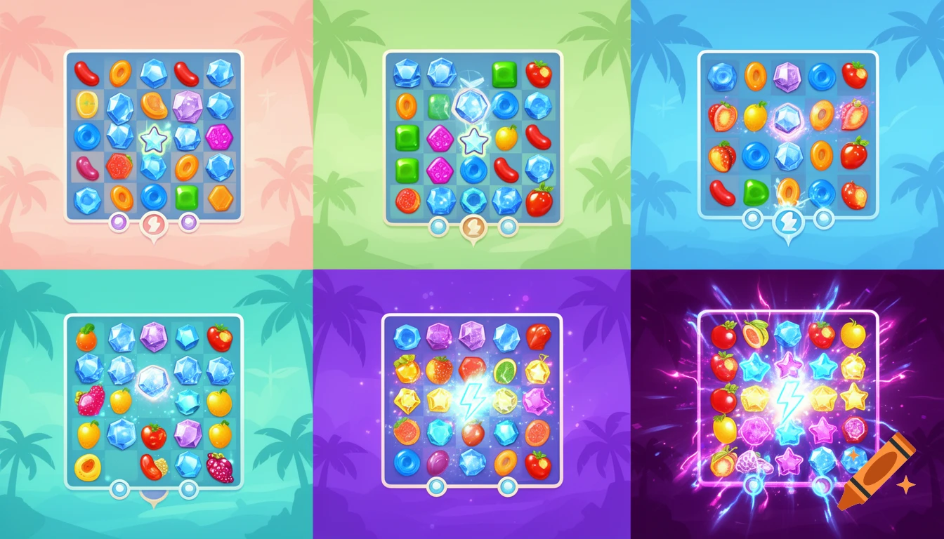 Six cartoon-style match-3 puzzle game boards with colorful fruit, candy, and gem pieces, and power-ups on tropical backgrounds.