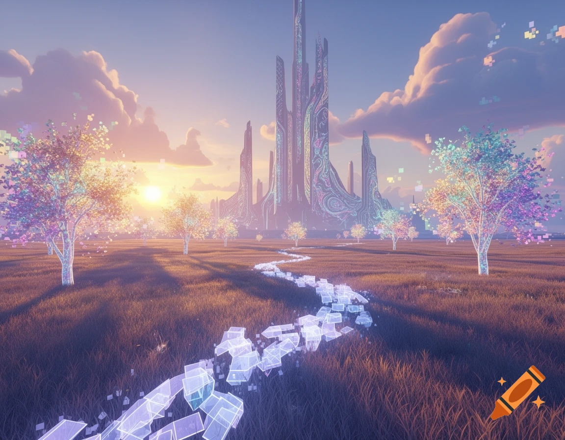 A vibrant digital landscape featuring a path of glowing cubes leading ...