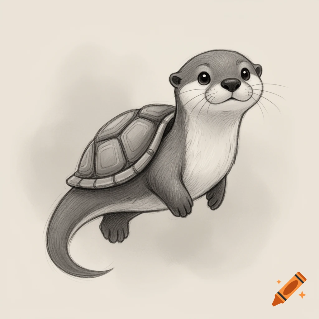 A black and white sketch of a cute otter with a turtle shell on its back.