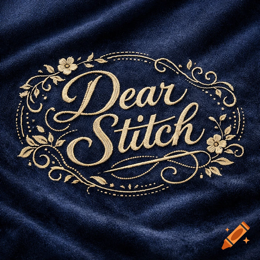 Embroidered logo "Dear Stitch" in gold on a dark blue velvet fabric, framed by ornate floral patterns.