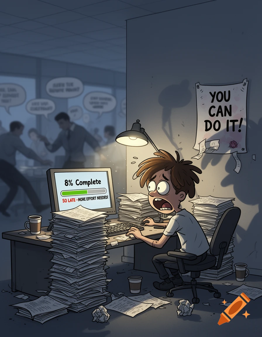 A stressed cartoon man works at a messy office desk, surrounded by paper piles. His screen says '8% Complete, SO LATE', in a cartoon style.