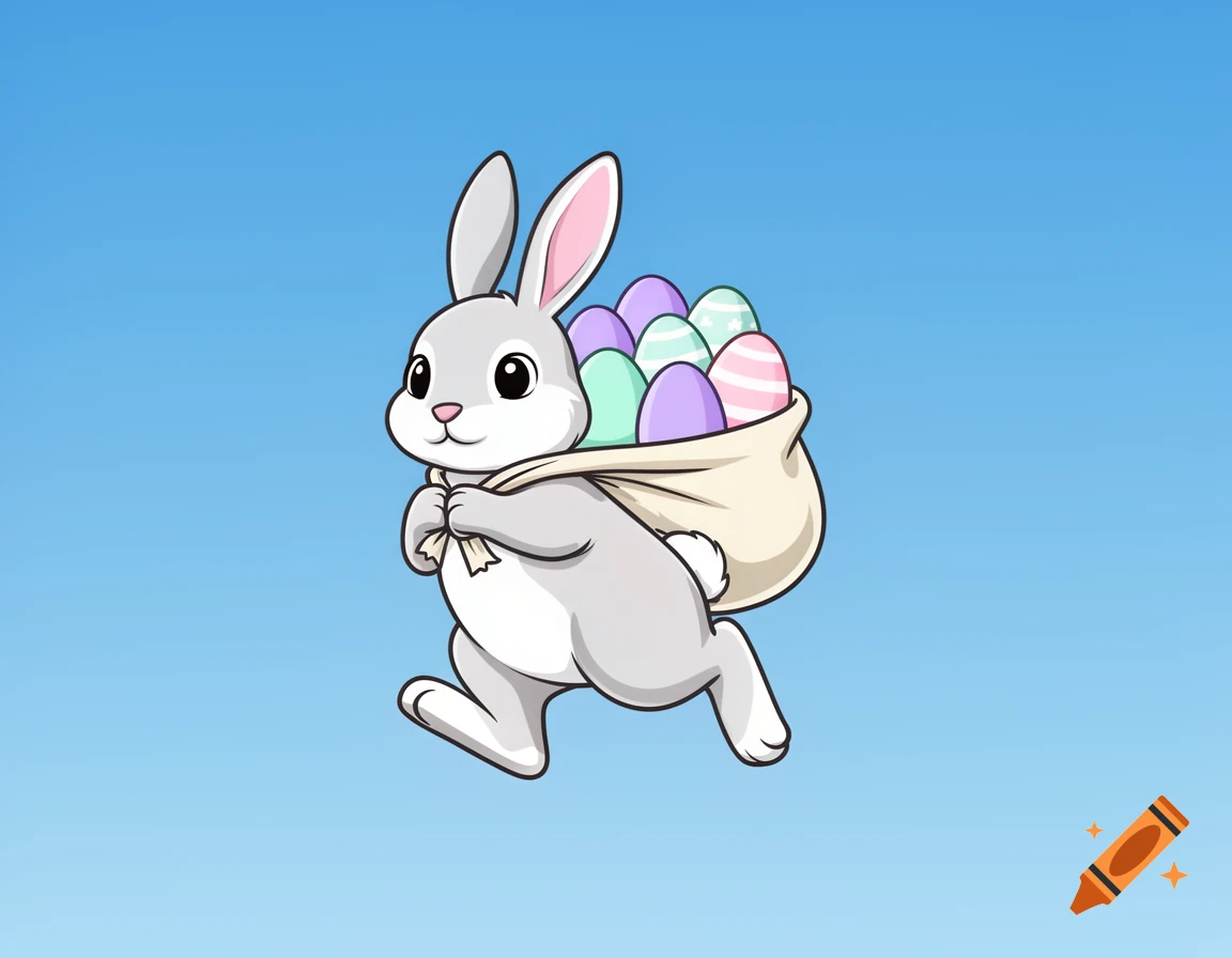Cartoon grey Easter bunny running with a sack full of colorful Easter eggs on its back against a blue background.