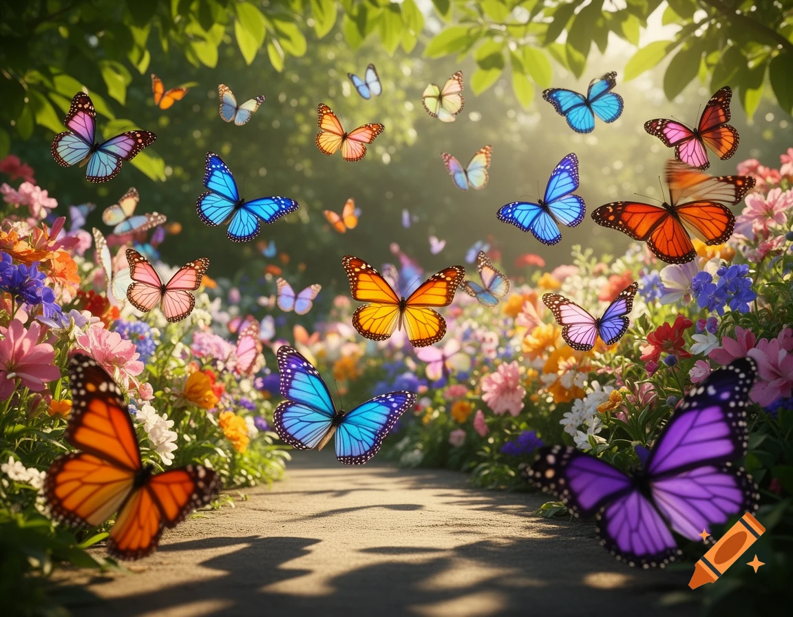 Many colorful butterflies with vibrant wings flutter over a sunlit garden path bordered by diverse blooming flowers.