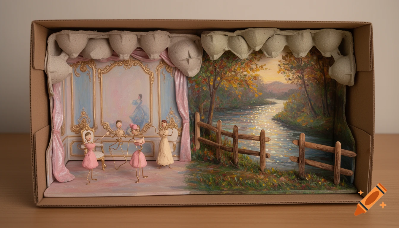 A miniature shoebox diorama combining a Rococo interior with dancing figures and an Impressionist riverside scene, crafted from paper, clay, and egg cartons.