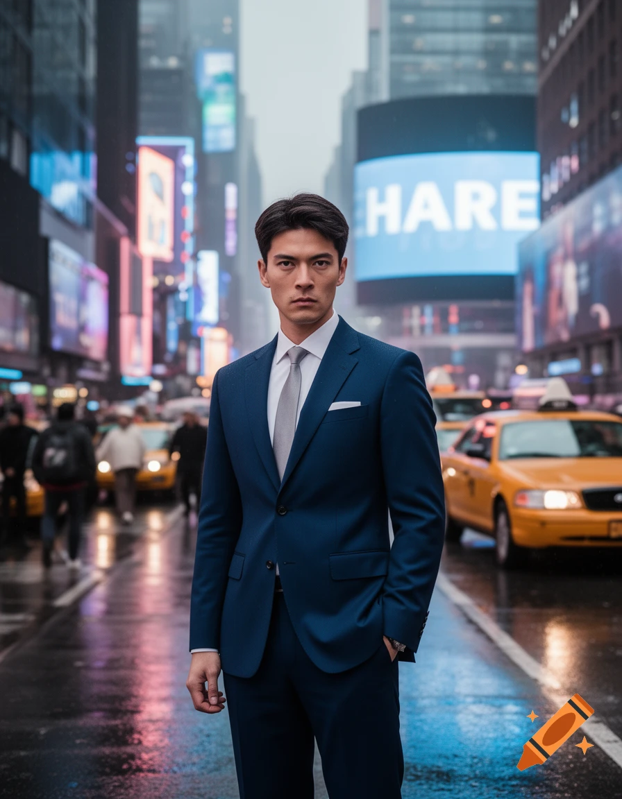 A serious man in a dark blue suit and tie stands on a wet city street with blurred taxis and billboards in the background.