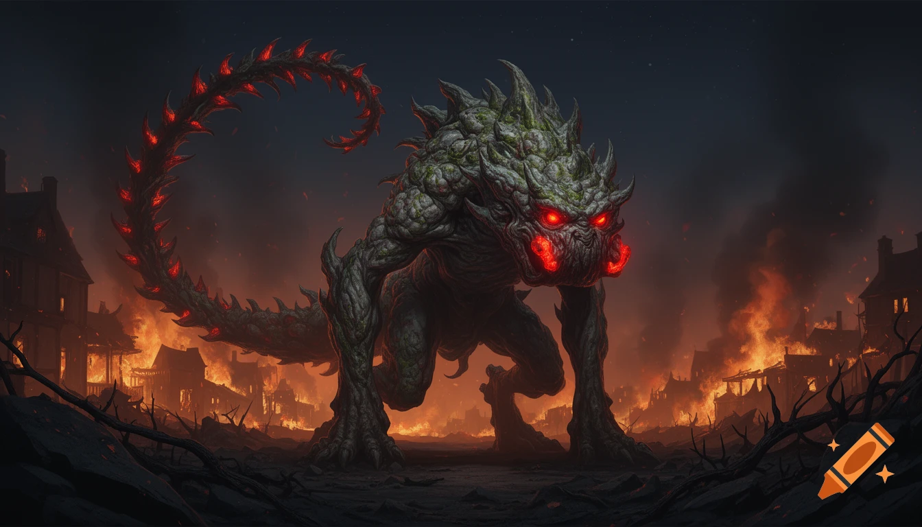 A monstrous, spiky creature with glowing red eyes and a fiery tail stands menacingly in a burning town at night.