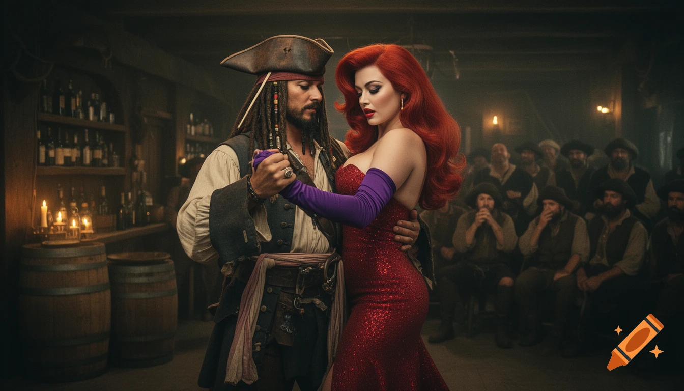 Photorealistic image of Captain Jack Sparrow dancing tango with Jessica Rabbit in a dimly lit pirate tavern, with sailors watching in the background.
