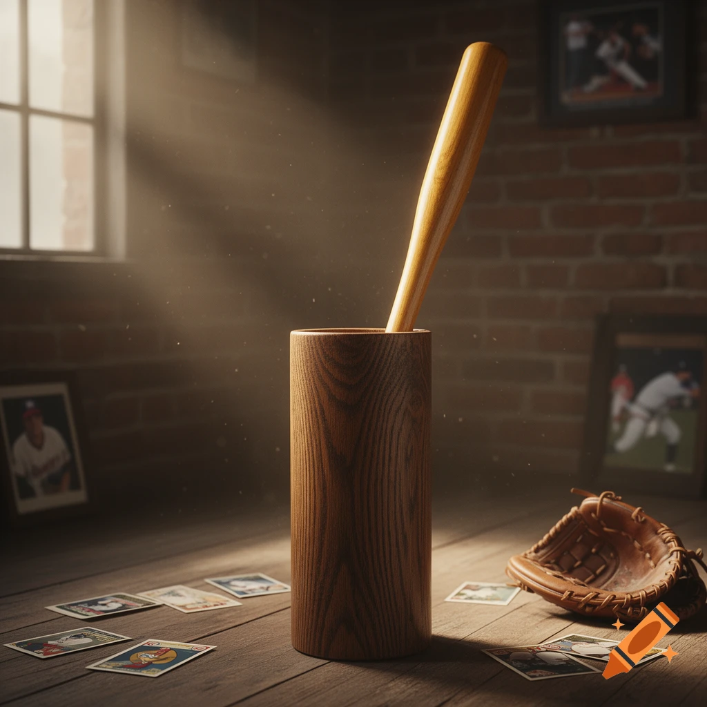Photorealistic image of a baseball bat in a wooden holder, a baseball glove, and cards on a wooden floor bathed in light.