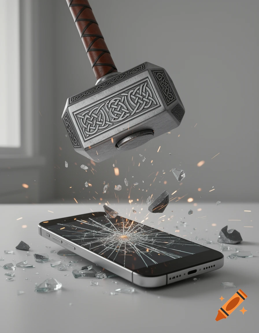 Thor's hammer striking a smartphone, shattering its screen amidst flying glass and sparks, in a bright, minimalist setting.
