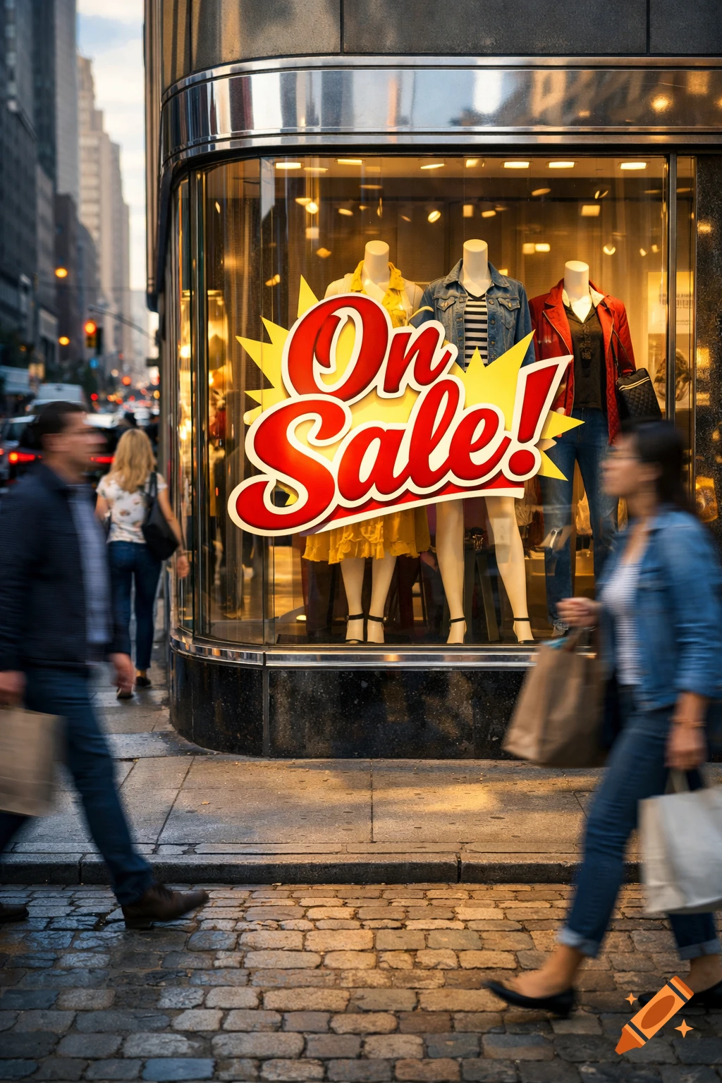 Photorealistic city street scene featuring a shop window with an 'On Sale!' sign and mannequins, with blurred pedestrians walking past.
