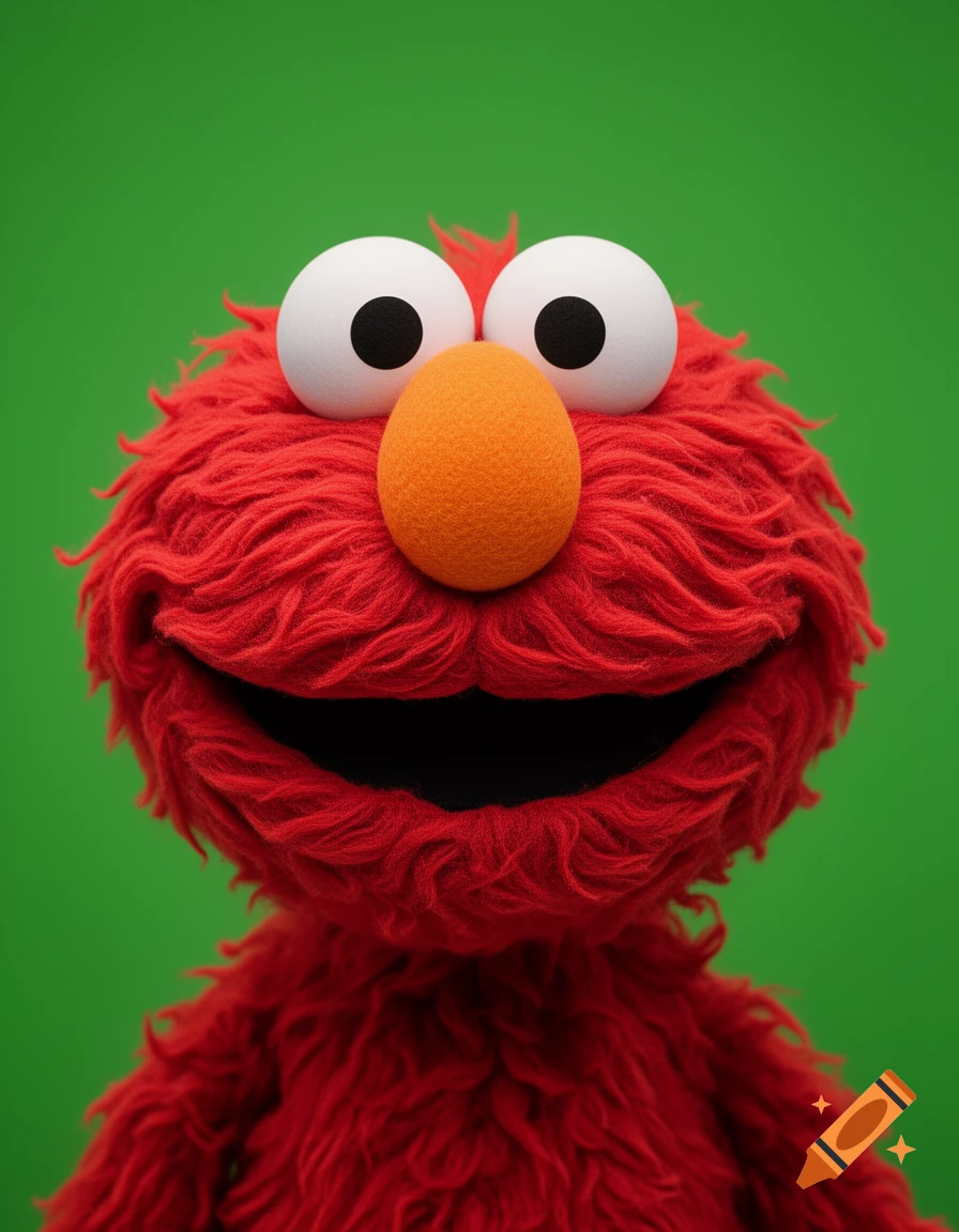 A close-up portrait of Elmo, the red furry puppet character, against a solid green background.