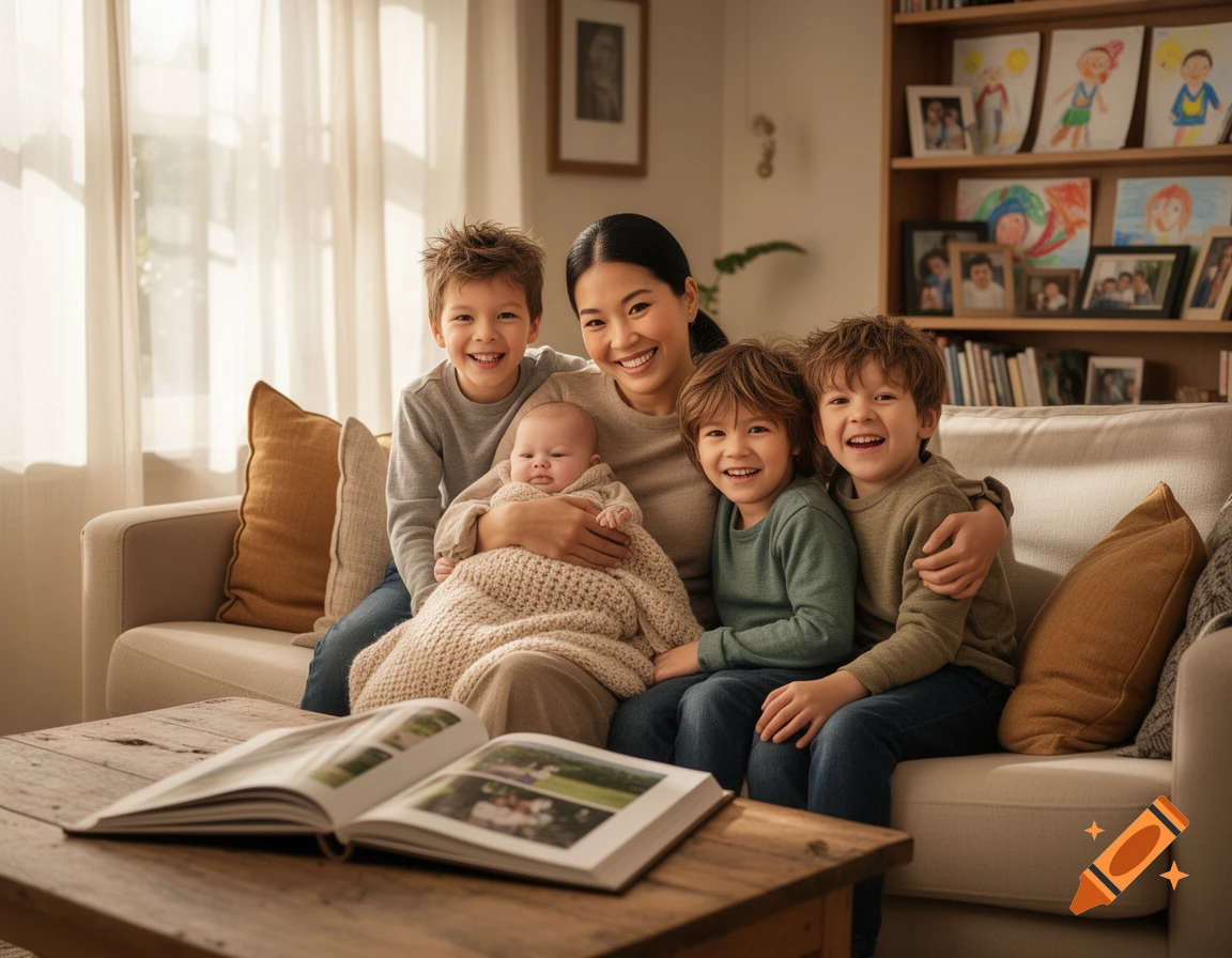 A smiling Asian mother holds a baby, surrounded by three older children, all sitting happily on a sofa in a bright living room.