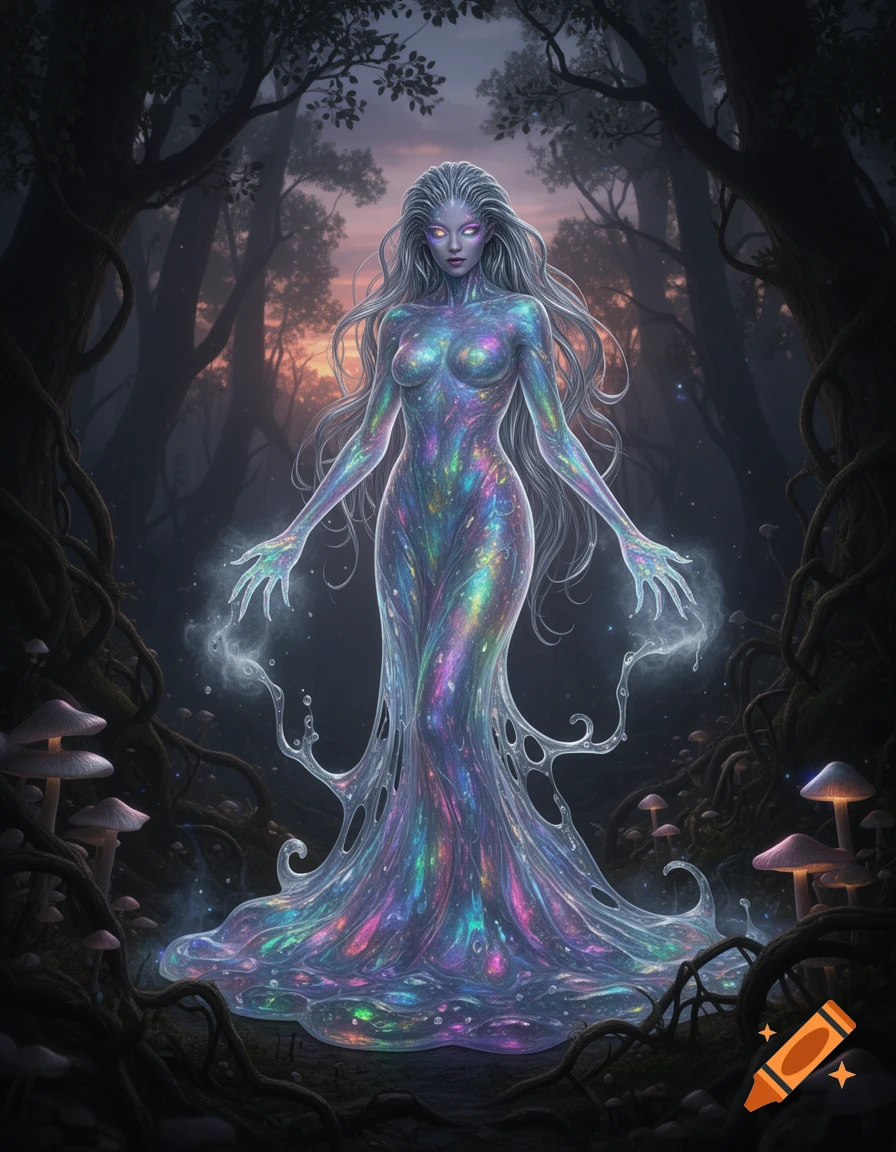 A glowing, ethereal woman made of shimmering multicolored slime stands in a dark fantasy forest with glowing mushrooms.