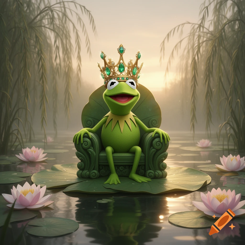 Kermit the Frog wearing an emerald crown sits on a throne on a lily pad in a misty pond with pink water lilies.