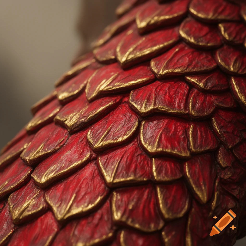 Close-up of small, textured red dragon scales with golden edges.