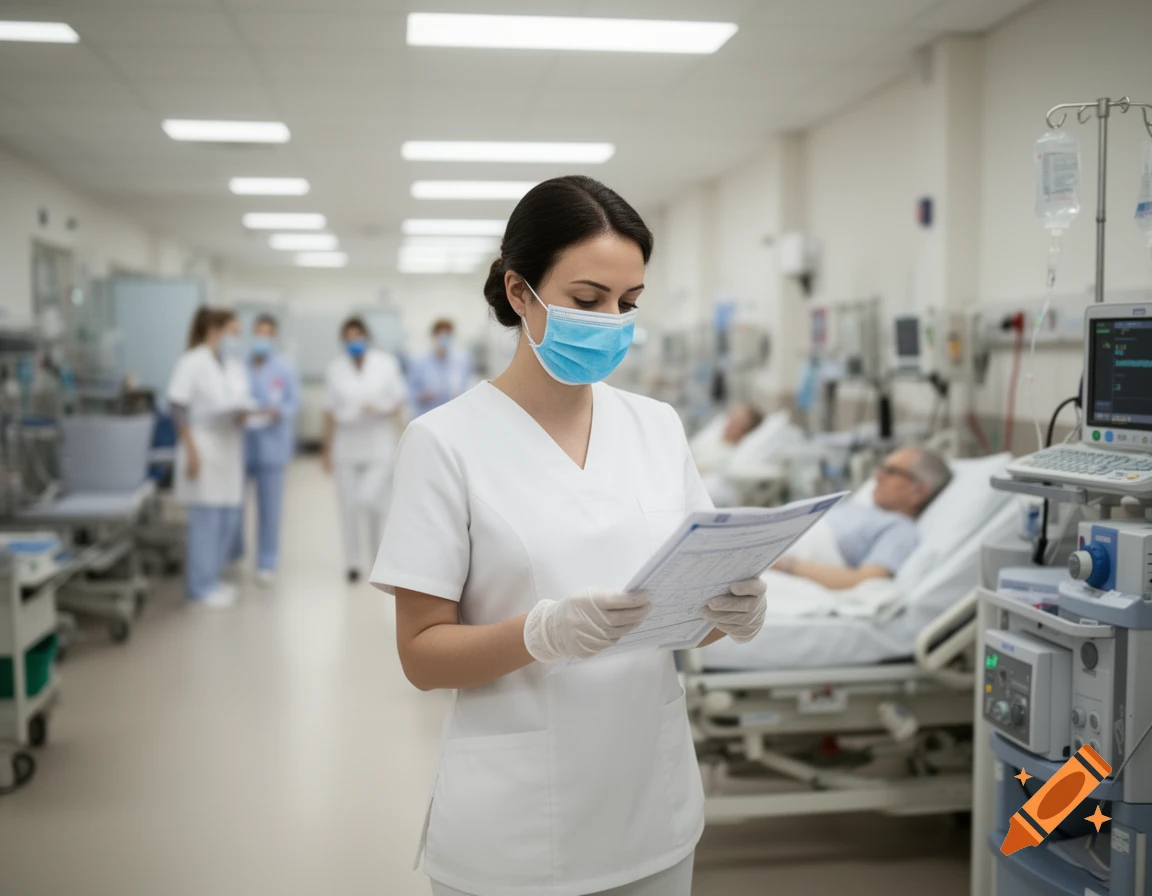 A masked nurse in a white uniform reads a document in a hospital corridor with patients.