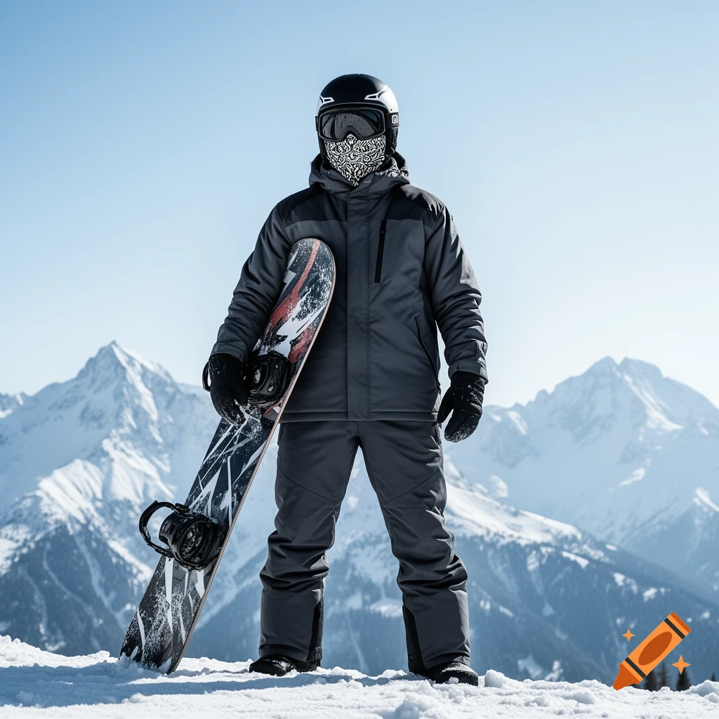 A person in grey snow gear, helmet, goggles, and a patterned mask stands on a snowy mountain holding a snowboard.